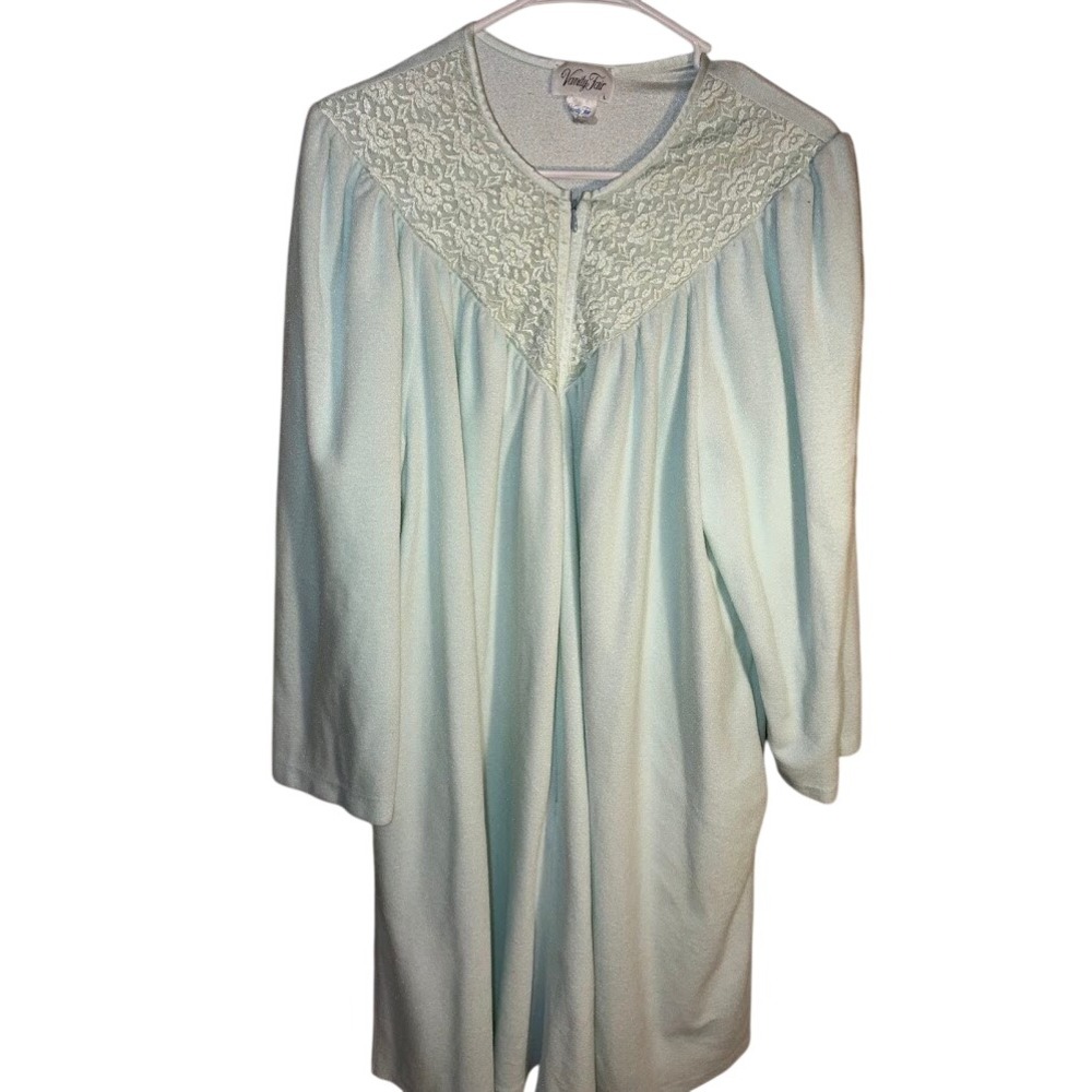 Vanity Fair Vintage Mint Green Lace Yoke Zip Front Nightgown Robe Size L 83-043